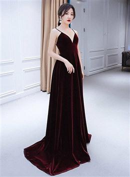 Picture of Charming Burgundy Velvet Deep V-neckline Floor Length Party Dresses, A-line Prom Dresses Evening Dress